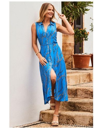 Sosandar Blue Chain Print Sleeveless Midi Shirt Dress