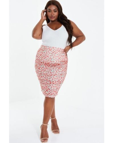 Quiz Curve Floral Ruched Midi Skirt - Red