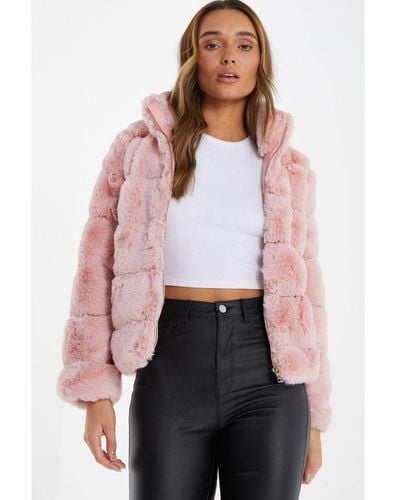 Quiz Faux Fur Short Puffer Jacket - Pink