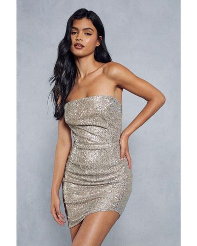 MissPap Sequin Bandeau Shaped Hem Mini Dress - Grey