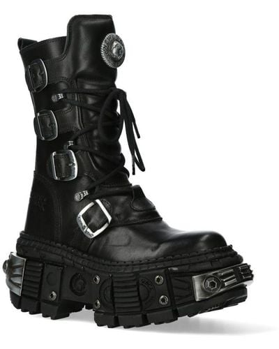 New Rock Mid Calf Leather Goth Boots-Wall1473-S11 - Black