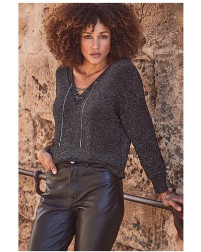 Sosandar Pewter Sparkly Lace Up Chain Slouchy Jumper - Brown
