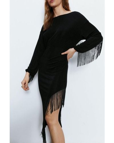 Warehouse Fringed Long Sleeve Midi Dress - Black