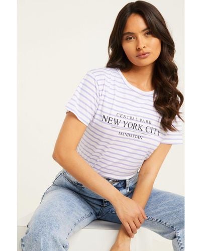Quiz Lilac Stripe Slogan T Shirt Cotton - White
