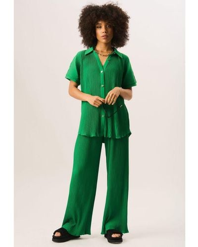 Gini London Plisse Short Sleeve Oversized Shirt - Green
