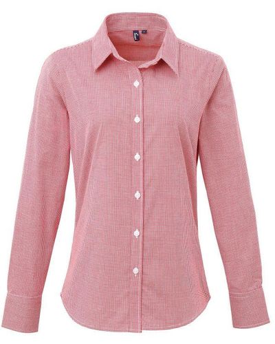 PREMIER Ladies Microcheck Long Sleeve Shirt (/) Cotton - Pink