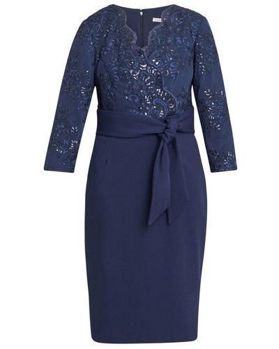 Gina Bacconi Matisse Embroidered 3/4 Sleeve V-neck Tie Belt Dress - Blue