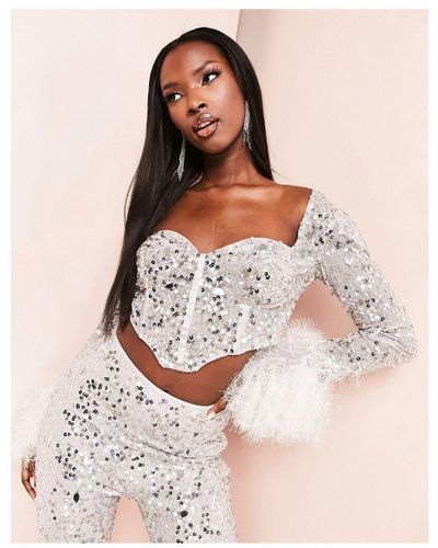ASOS Co-ord Sweetheart Neck Faux Feather Trim Sleeve Sequin Crop Top - Pink