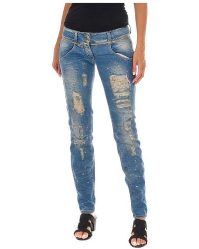 Met Long Denim Trousers Worn And Torn Effect 10db50128 Woman Cotton - Blue