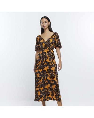 River Island Wrap Midi Dress Leaf Print Viscose - Orange