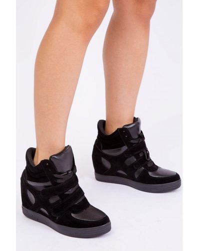 Where's That From Hitop Wedge Trainers With A Front Lace Up And Velcro - Black