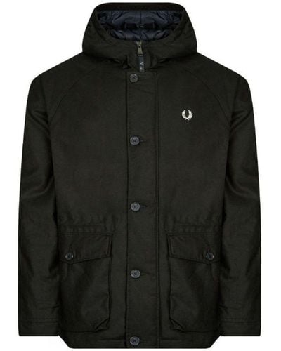 Fred Perry Short Cotton Twill Parka Night Green Hooded Jacket - Black