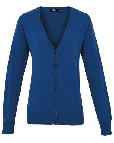 PREMIER Ladies Button Through Long Sleeve V-Neck Knitted Cardigan (Royal) - Blue