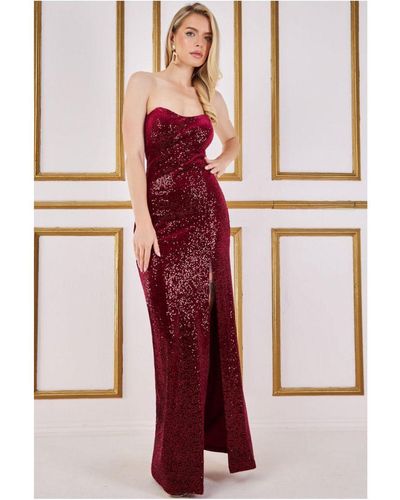 Goddiva Sequin Velvet Bandeau Maxi Dress - Red