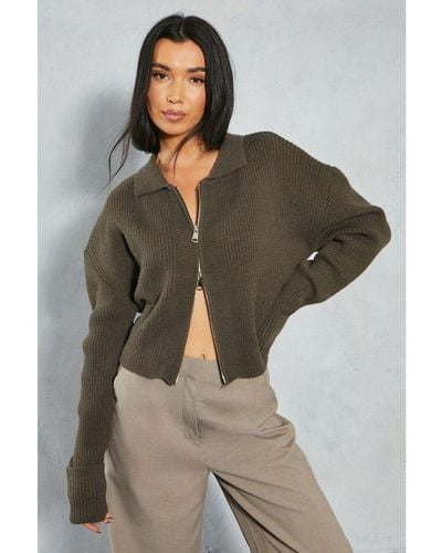MissPap Knitted Ribbed Zip Through Cardigan Viscose - Grey
