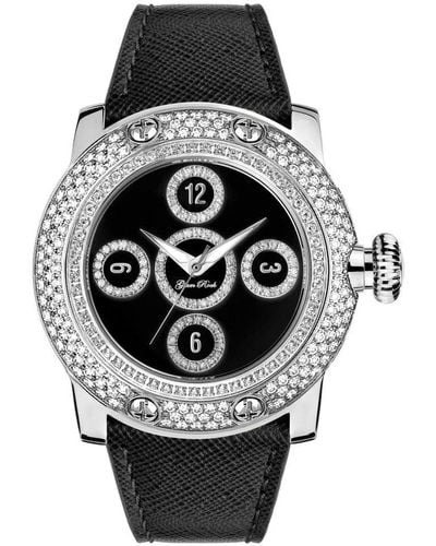 Glamrocks Jewelry : Miami Lady Sm Stainless Steel With Diamonds Genuine Saffiano Leather Black..