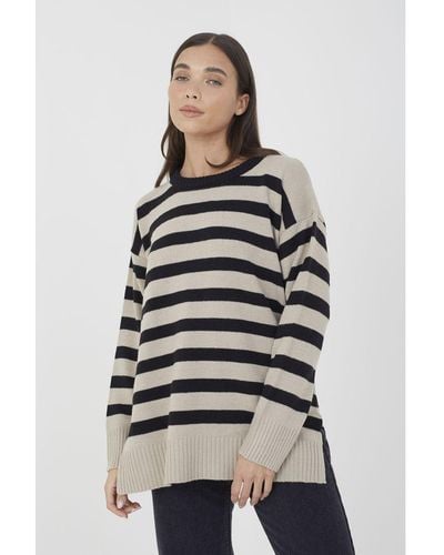Brave Soul Taupe 'greyson' Fine Stripe Oversized Knitted Jumper
