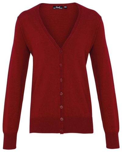 PREMIER Ladies Button Through Long Sleeve V-Neck Knitted Cardigan () - Red