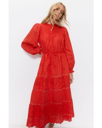 Warehouse Broderie Drawstring Waist Midi Dress - Red