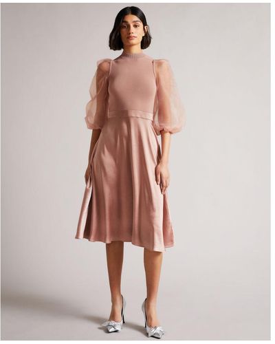 Ted Baker Lharra Knit Satin And Organza Midi Dress, Dusky - Pink