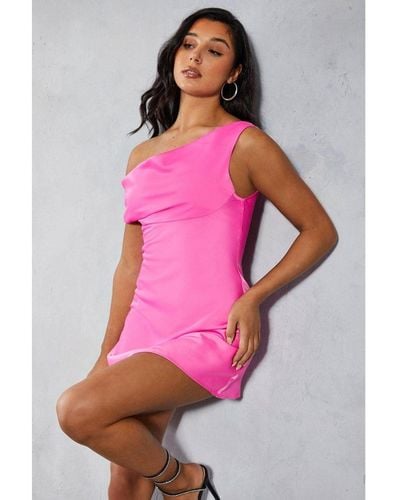 MissPap Premium Satin Bust Detail Cowl Asymmetric Slip Dress - Pink