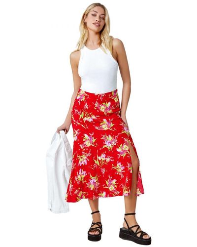 D.u.s.k Floral Asymmetric Frill Midi Skirt - Red