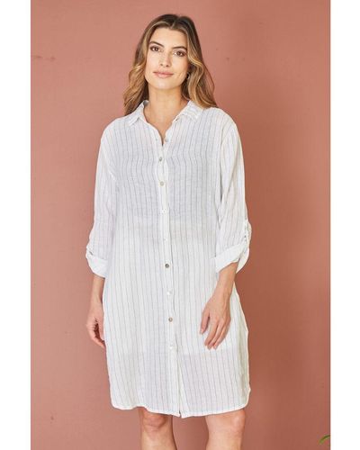 Yumi' Stripe Linen Relaxed Fit Longline Shirt - White