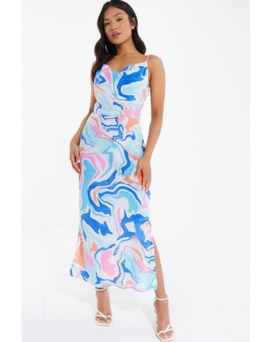 Quiz Petite Multicolored Marble Print Midaxi Dress - Blue
