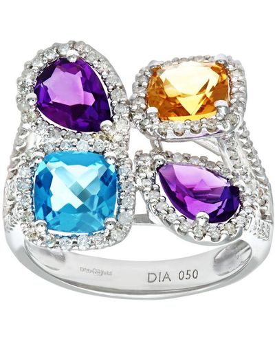 DIAMANT L'ÉTERNEL 9ct Witgouden Ring Met Meerdere Edelstenen En Diamanten Bloemen - Blauw