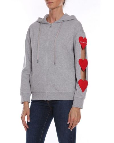 Love Moschino Hooded Cotton Sweatshirt With Embroidered Hearts - Grey