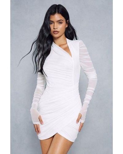 MissPap Mesh Ruched Wrap Long Sleeve Dress - White