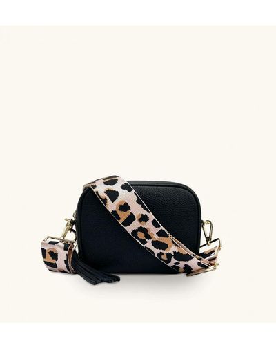 Apatchy London Leather Crossbody Bag With Pale Leopard Strap - Black