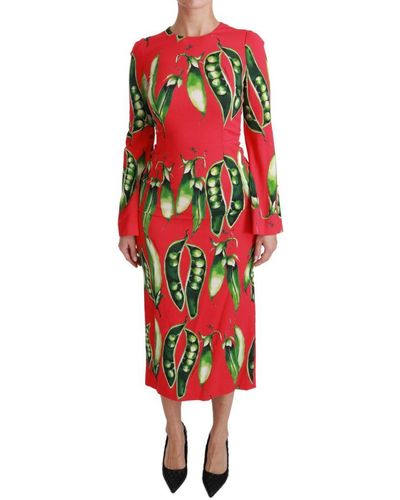 Dolce & Gabbana Vrouwen Red Snap Pea Print Longsleeve Midi Dress - Rood