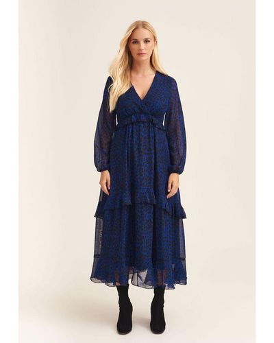 Gini London Marineblauwe Vermoeide Maxi-jurk Met Dierenprint En Ruches