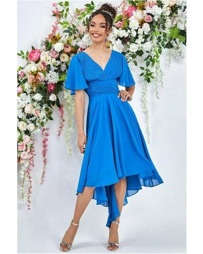 Goddiva Pleated Chiffon High Low Midi Dress - Blue
