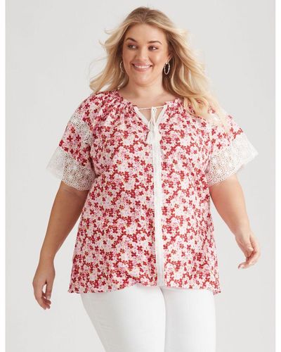 BeMe Short Sleeve Woven Lace Trim Peasant Top - Plus Size - Red