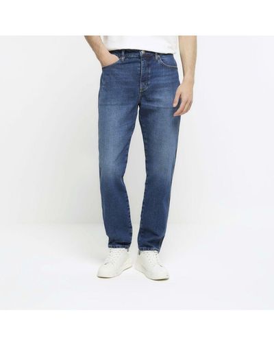 River Island Tapered Jeans Blue Fit Faded Cotton