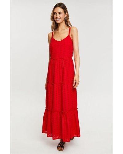 Threadbare Red 'mango' Cotton Broderie Anglasie Strappy Maxi Tiered Dress