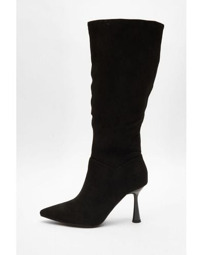 Quiz Faux Suede Knee High Heeled Boots - Black