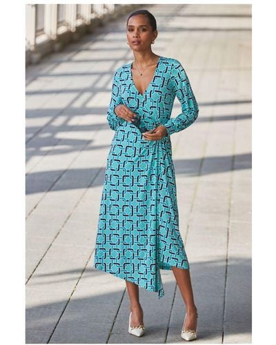 Sosandar Geometric Print Blouson Sleeve Wrap Jersey Midi Dress - Blue