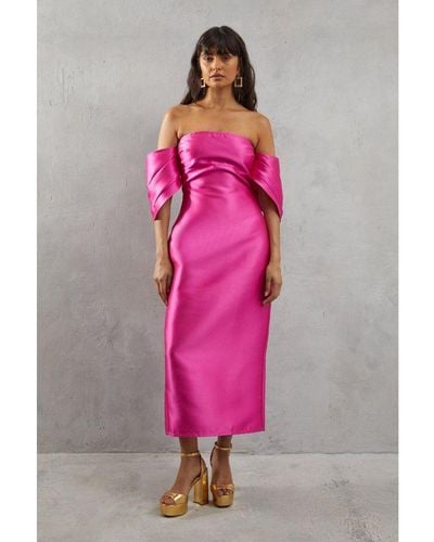 Warehouse Structured Puff Sleeve Bardot Midi Dress - Pink