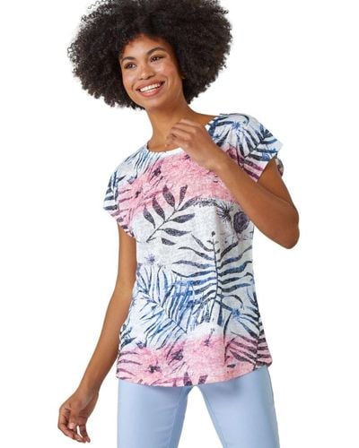 Roman Palm Print Burnout T-Shirt - Blue