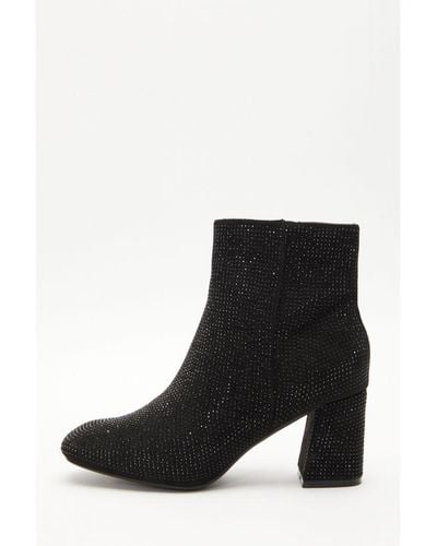 Quiz Diamante Heeled Ankle Boots - Black