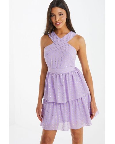 Quiz Lilac Chiffon Foil Tiered Mini Dress - Purple