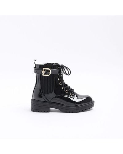 River Island Boots Black Wide Fit Patent Buckle Pu - White