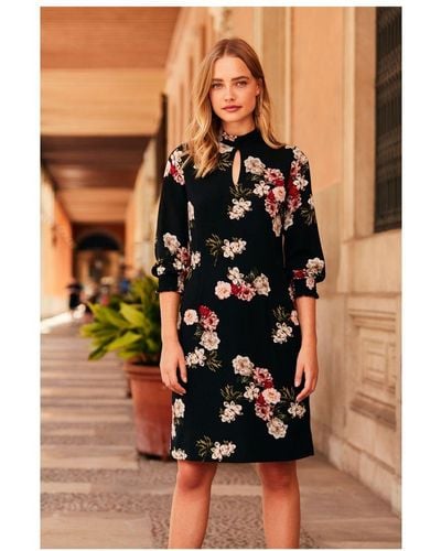Sosandar Floral Print Shift Dress - Black