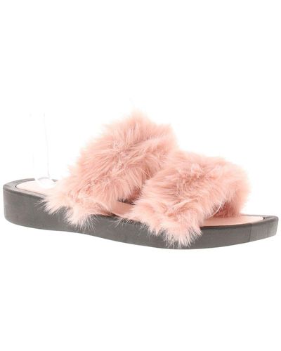 Wynsors Wedge Sliders Sandals Faux Fur Pansy Textile - Pink