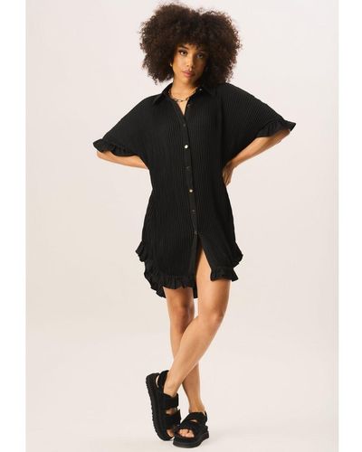 Gini London Plisse Frill Detail Oversized Shirt Dress - Black
