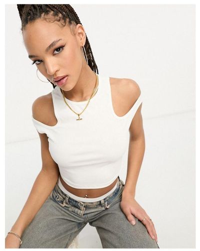 Urban Revivo Crop Tee With Cut Out Shoulder Detail - White