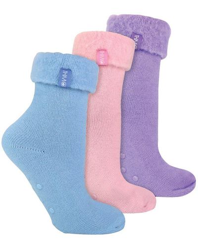 THMO 3 Pack Ladies Bed Socks With Grips - Blue
